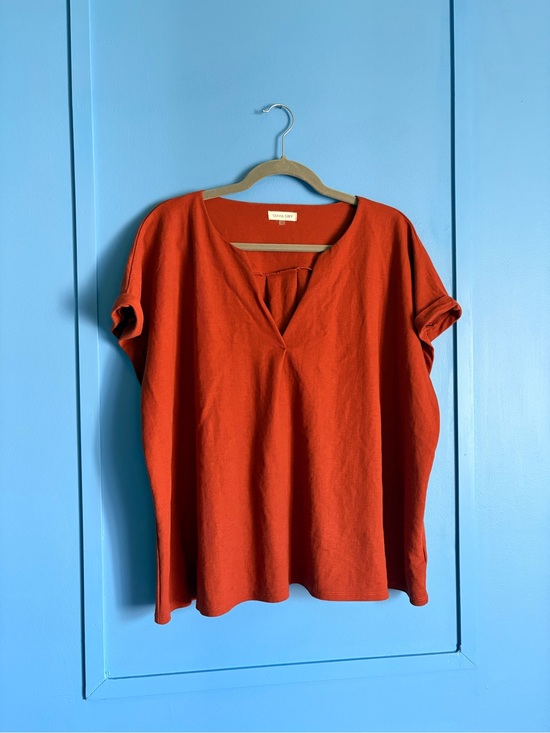 Olivia Grey Tops - Plus Size Women's Rust Red Short Sleeve V-Neck Top - Size 1XL